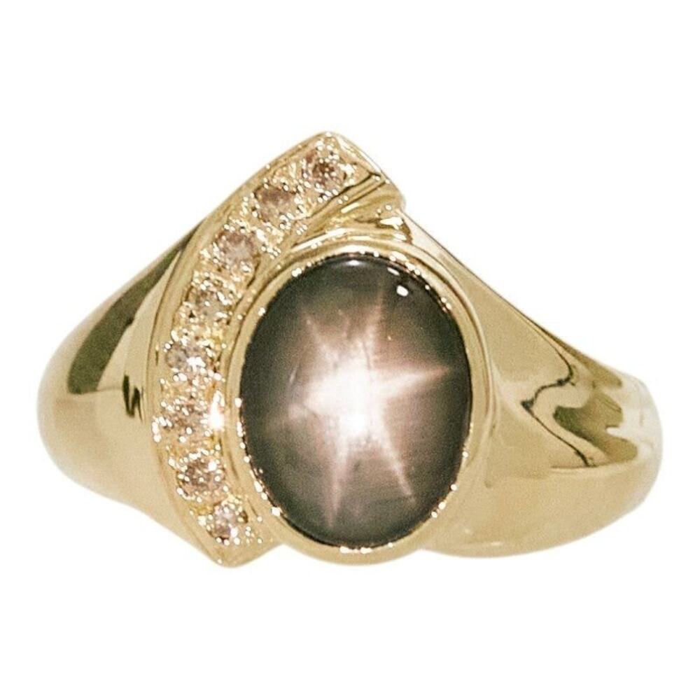Unbranded Black Star Sapphire Diamond 18K Yellow Gold Ring